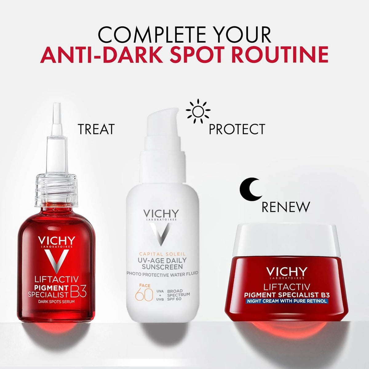 Refect Beauty Vichy anti-dark spot skincare routine featuring Liftactiv B3 serum, sunscreen, and night cream.