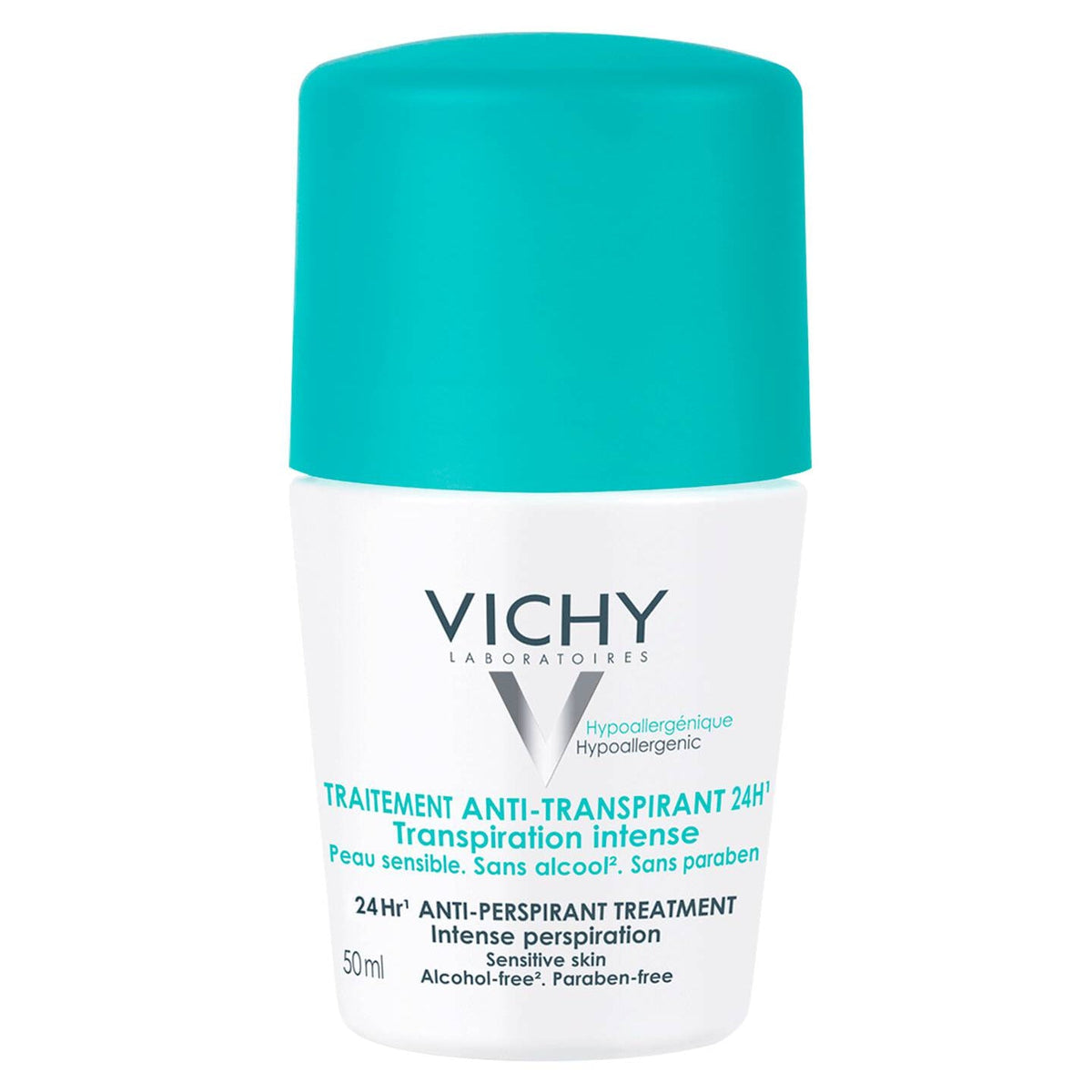 Refect Beauty Vichy 24H anti-perspirant roll-on deodorant treatment in a white bottle with a bright teal cap.