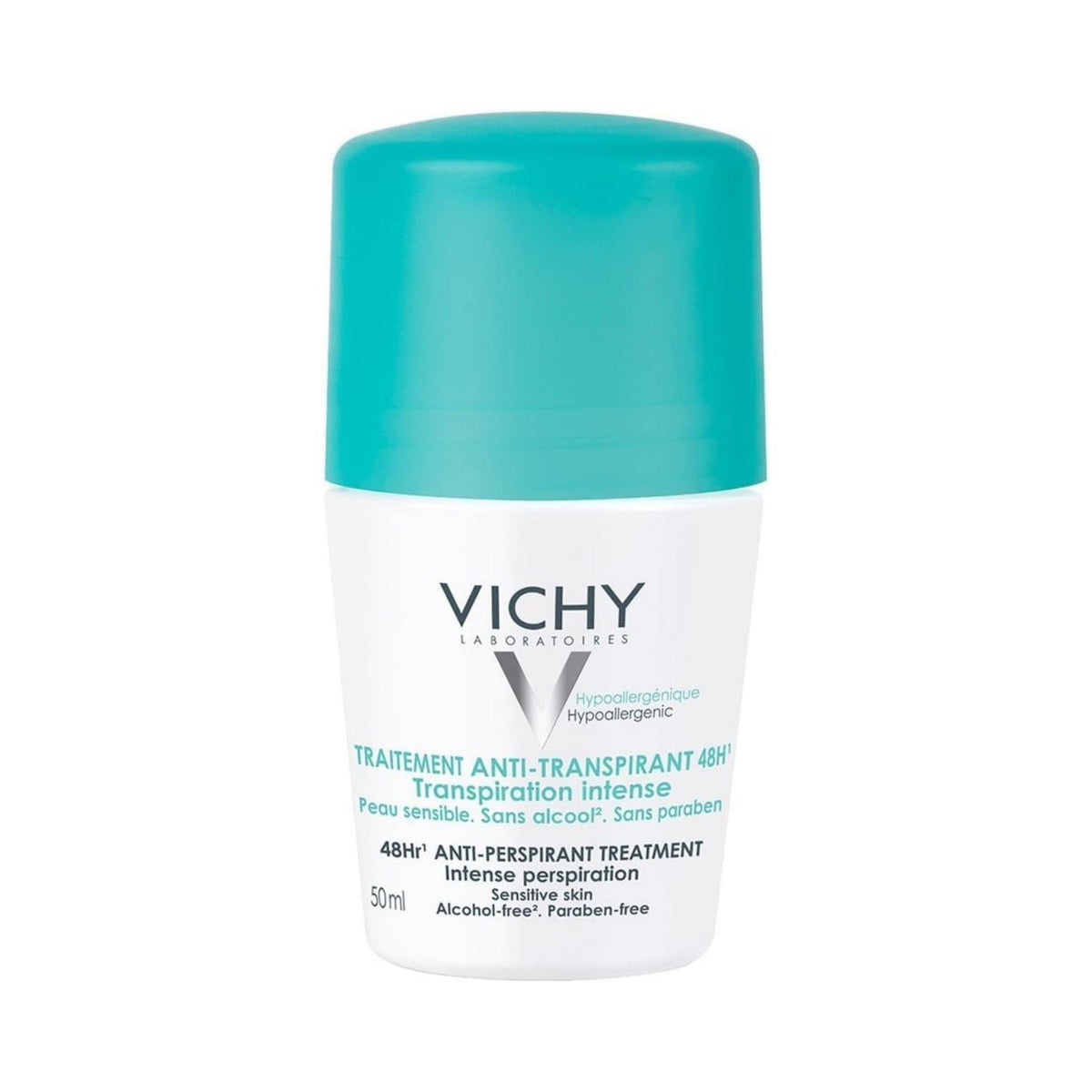Refect Beauty Vichy 48H anti-perspirant roll-on deodorant for sensitive skin in a white bottle with a teal cap