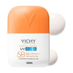 Refect Beauty Vichy Capital Soleil UV Aqua SPF 50 facial sunscreen in a white bottle with an orange cap.