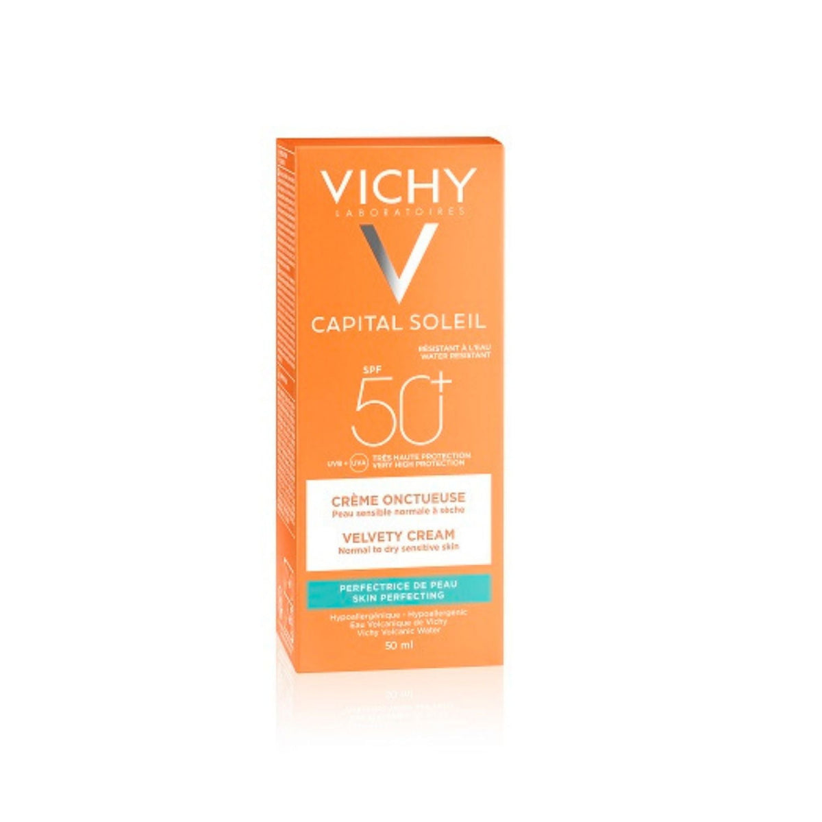 Refect Beauty Vichy Capital Soleil SPF 50+ Velvety Cream sunscreen box for normal to dry sensitive skin