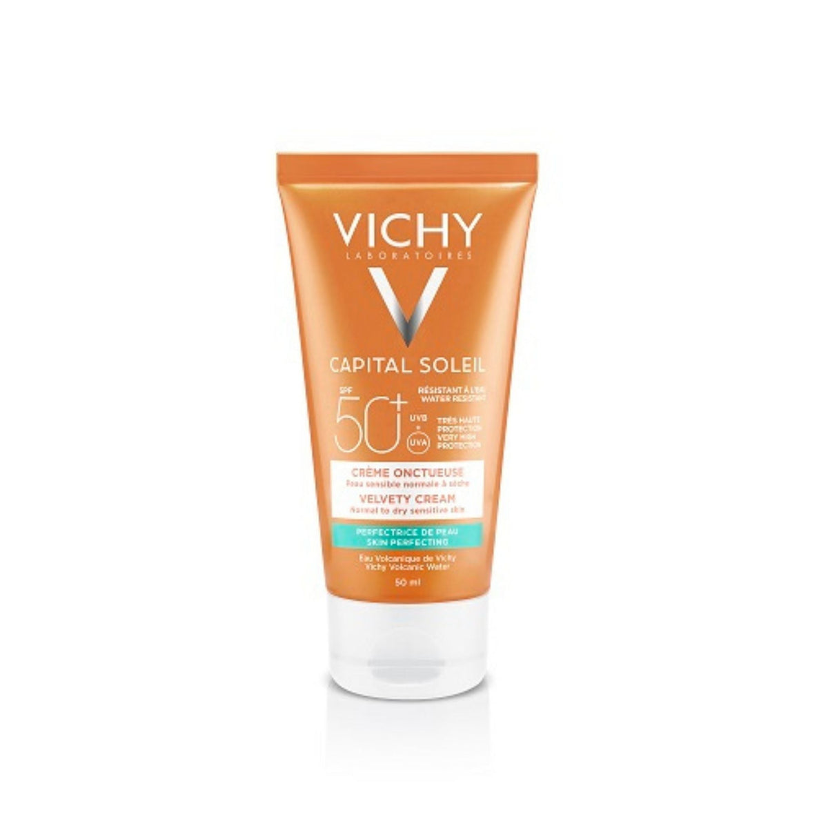 Refect Beauty Vichy Capital Soleil SPF 50+ Velvety Cream in an orange 50ml tube for normal to dry sensitive skin.