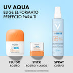 Refect Beauty Vichy Capital Soleil UV Aqua sunscreen range including hydrating fluid, invisible stick, and body spray.