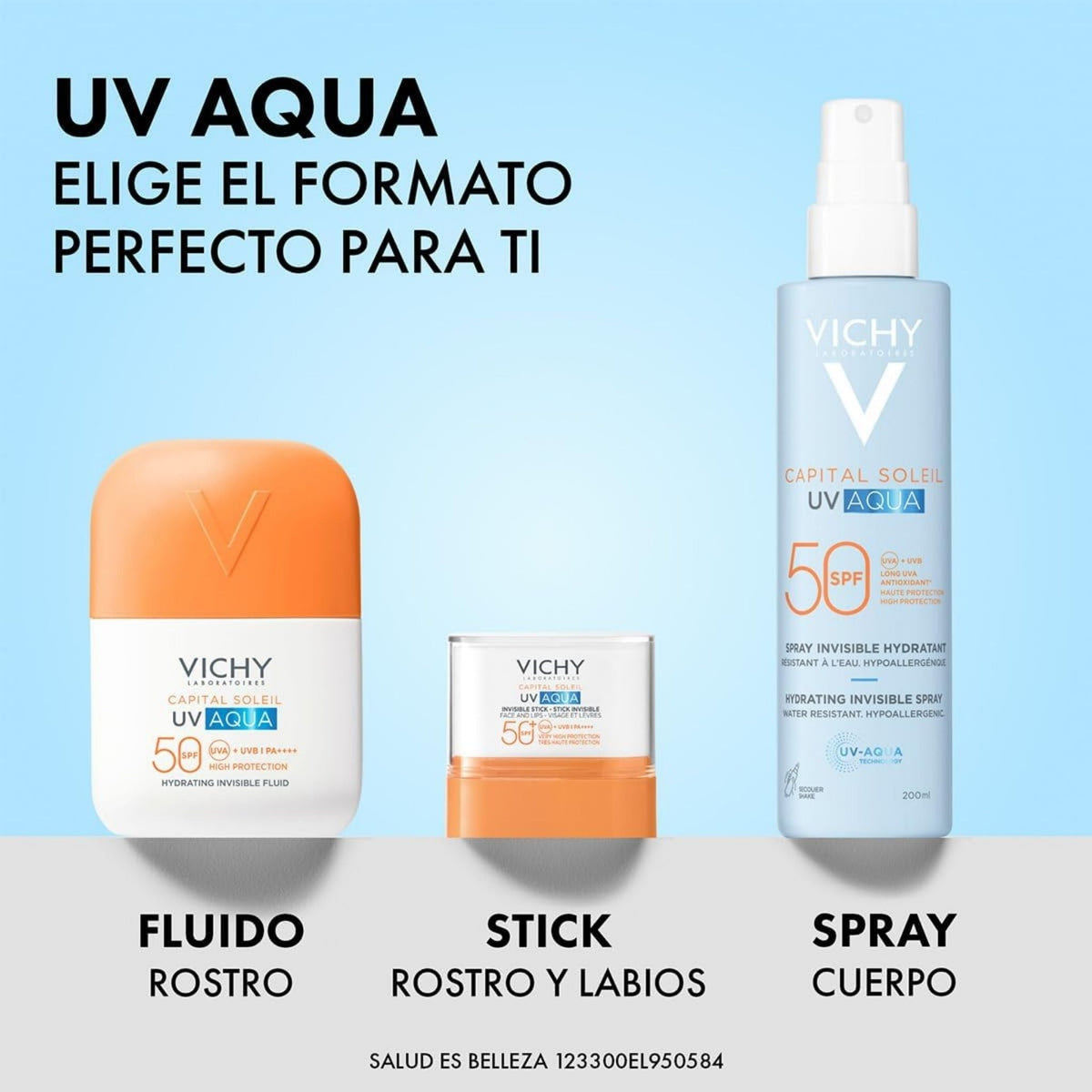 Refect Beauty Vichy Capital Soleil UV Aqua sunscreen range including hydrating fluid, invisible stick, and body spray.