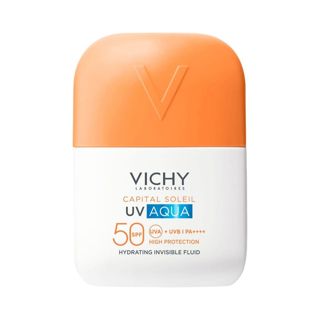 Refect Beauty Vichy Capital Soleil UV Aqua SPF 50 hydrating invisible fluid sunscreen in a white and orange bottle.