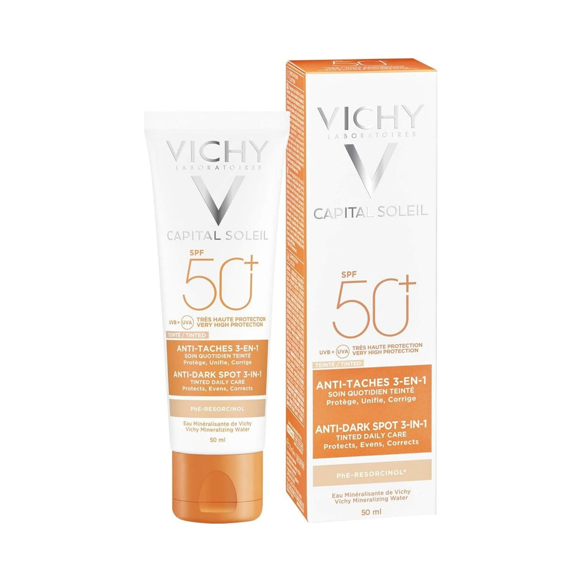 Refect Beauty Vichy Capital Soleil Anti-Dark Spot 3-in-1 SPF 50+ tinted sunscreen tube and box packaging
