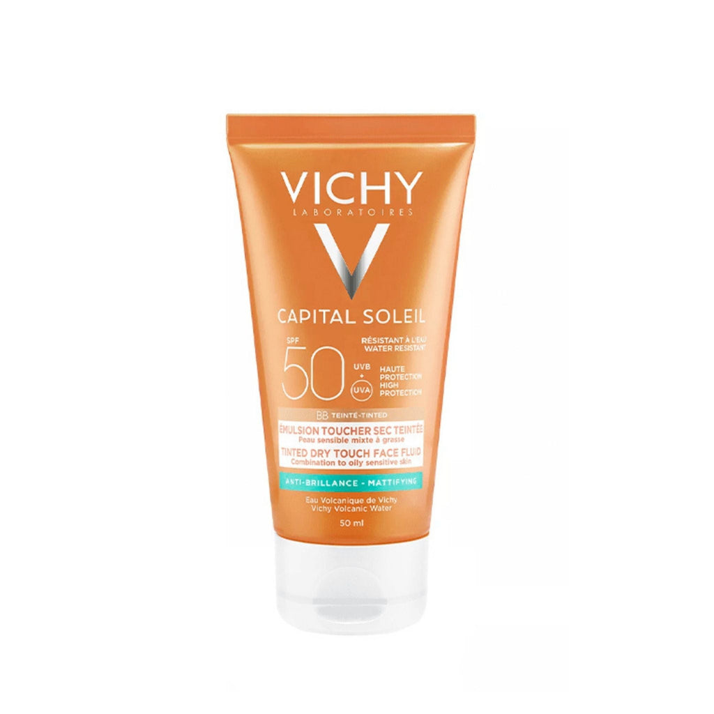 Refect Beauty Vichy Capital Soleil BB Tinted Dry Touch SPF 50+ sunscreen tube for oily and combination skin.