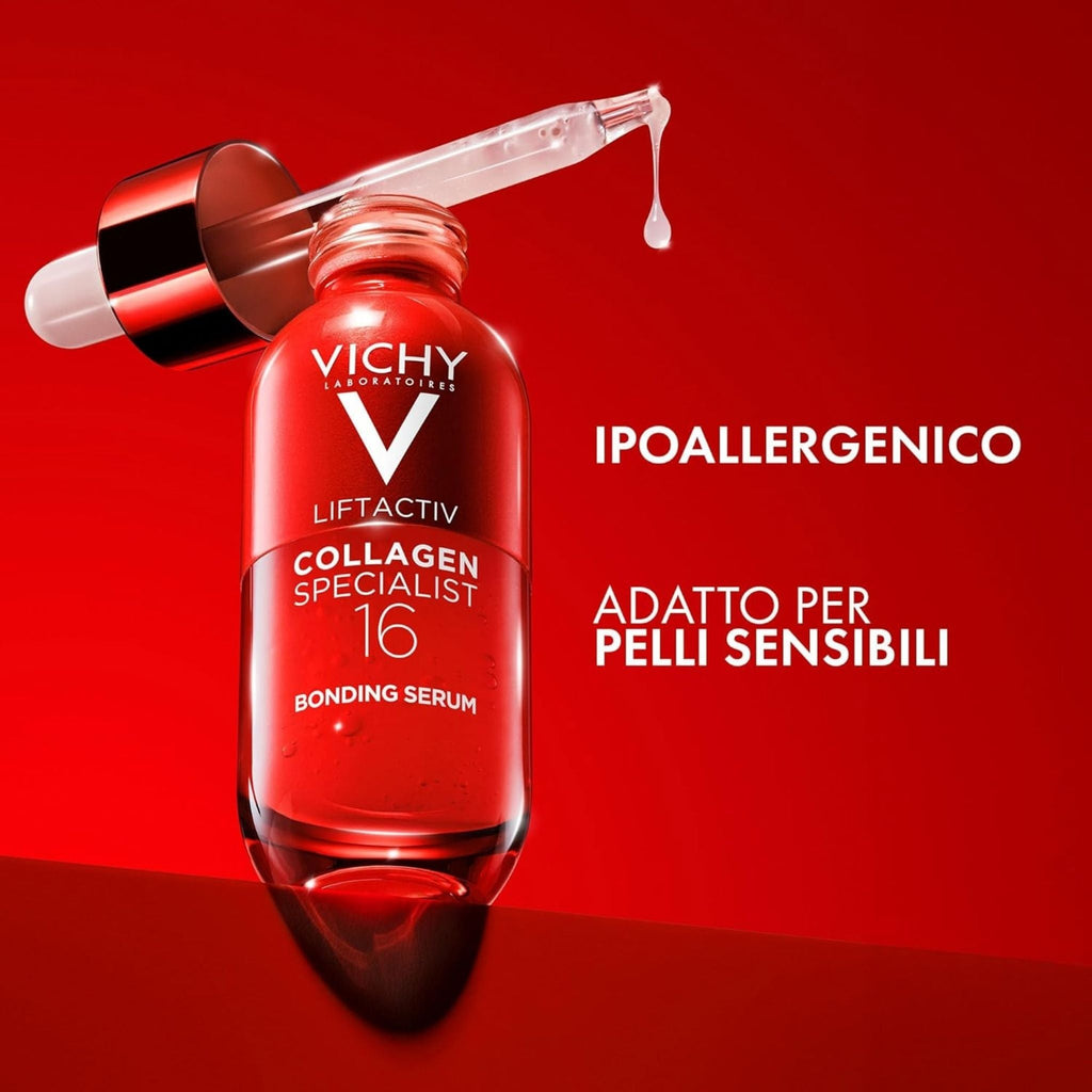 Refect Beauty Vichy Liftactiv Collagen Specialist 16 Bonding Serum in a red glass bottle with a dropper applicator.