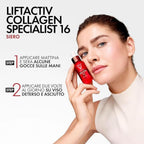 Refect Beauty model holding a red bottle of Vichy Liftactiv Collagen Specialist 16 anti-aging serum with instructions.