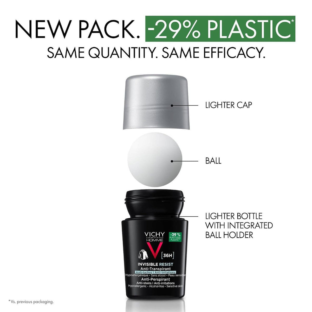 Refect Beauty Vichy Invisible Resist 36H Men antiperspirant roll-on deodorant showing new eco-friendly packaging design