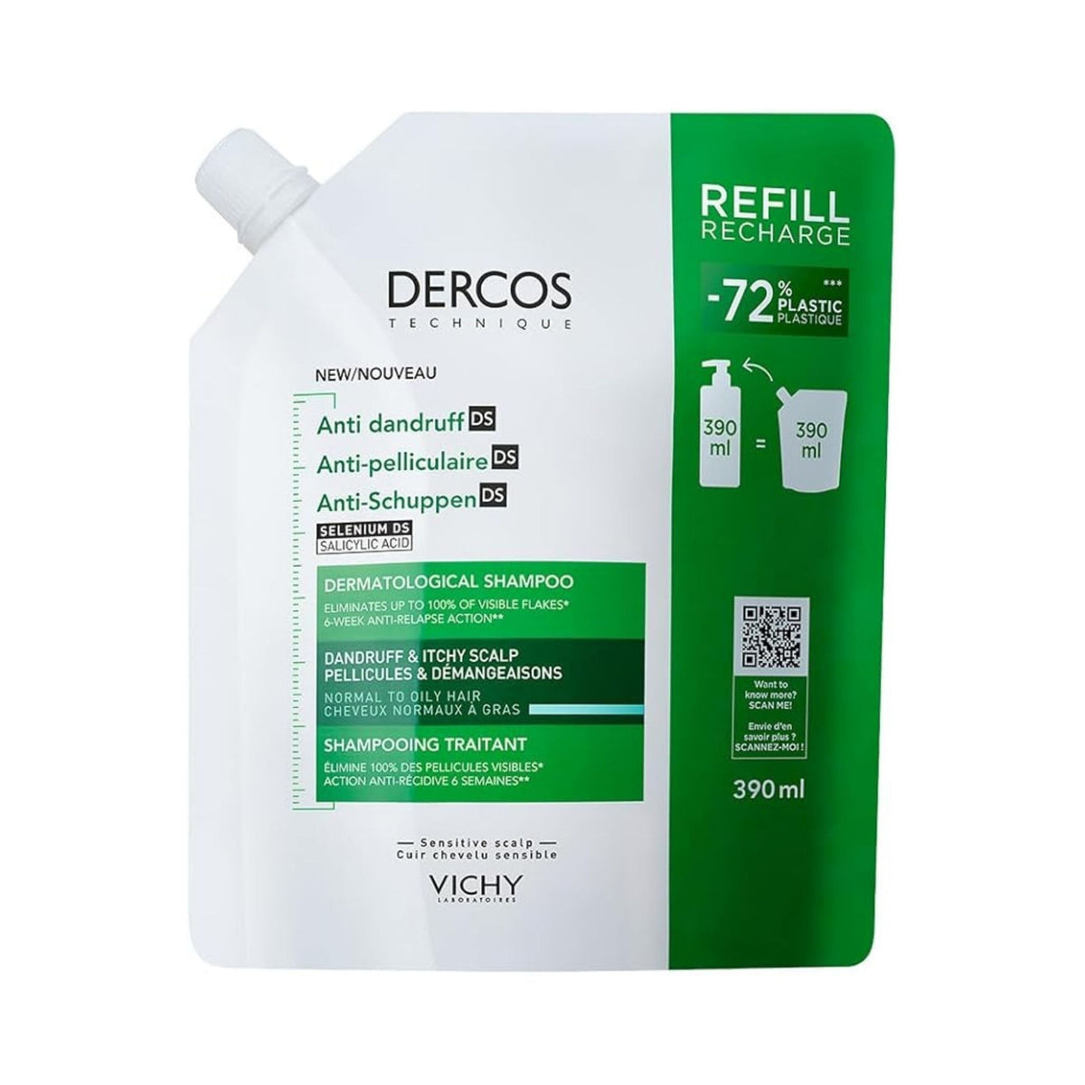 Refect Beauty Vichy Dercos anti-dandruff shampoo refill pouch for normal to oily hair with Selenium DS