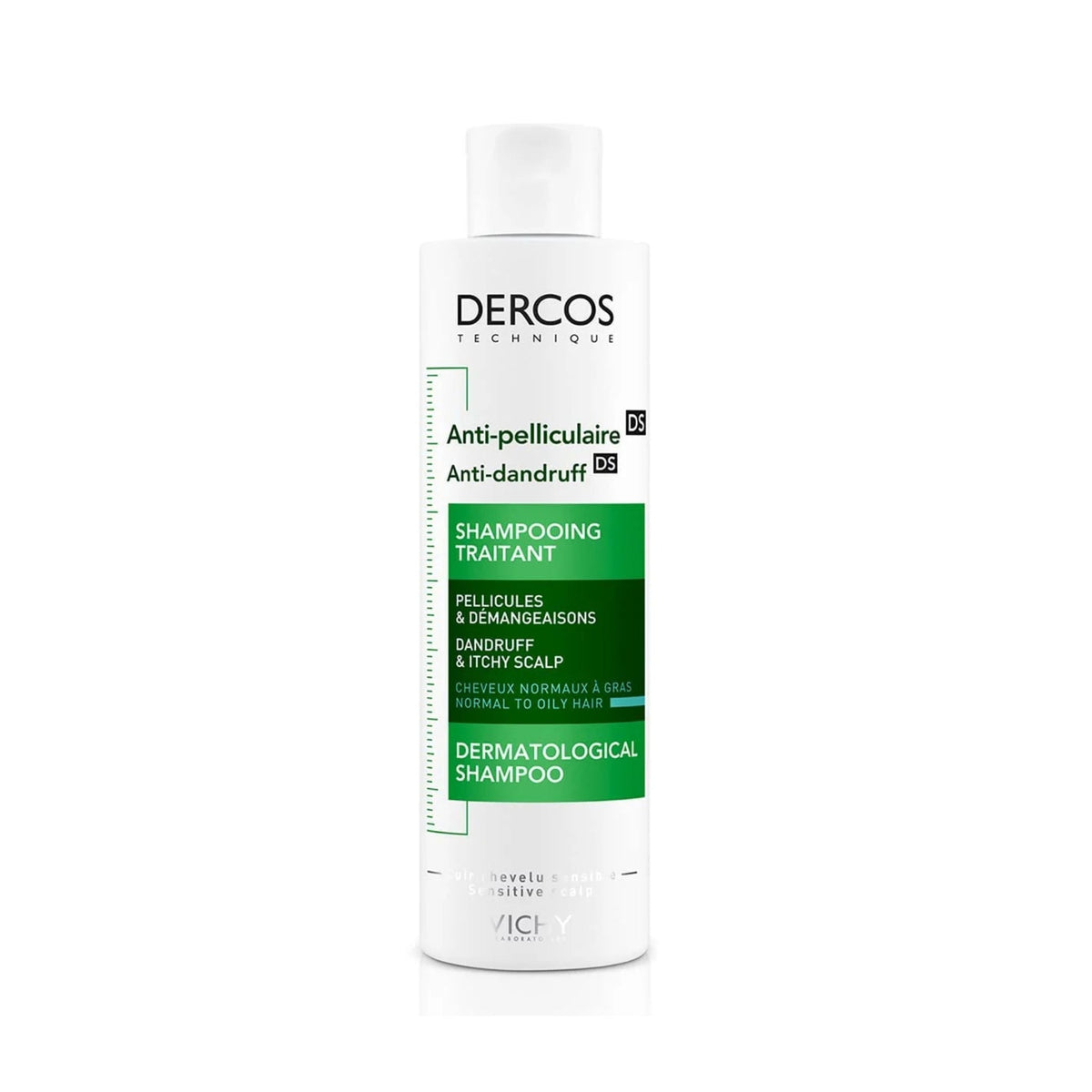 Refect Beauty Vichy Dercos anti-dandruff shampoo bottle for normal to oily hair with green and white label design.