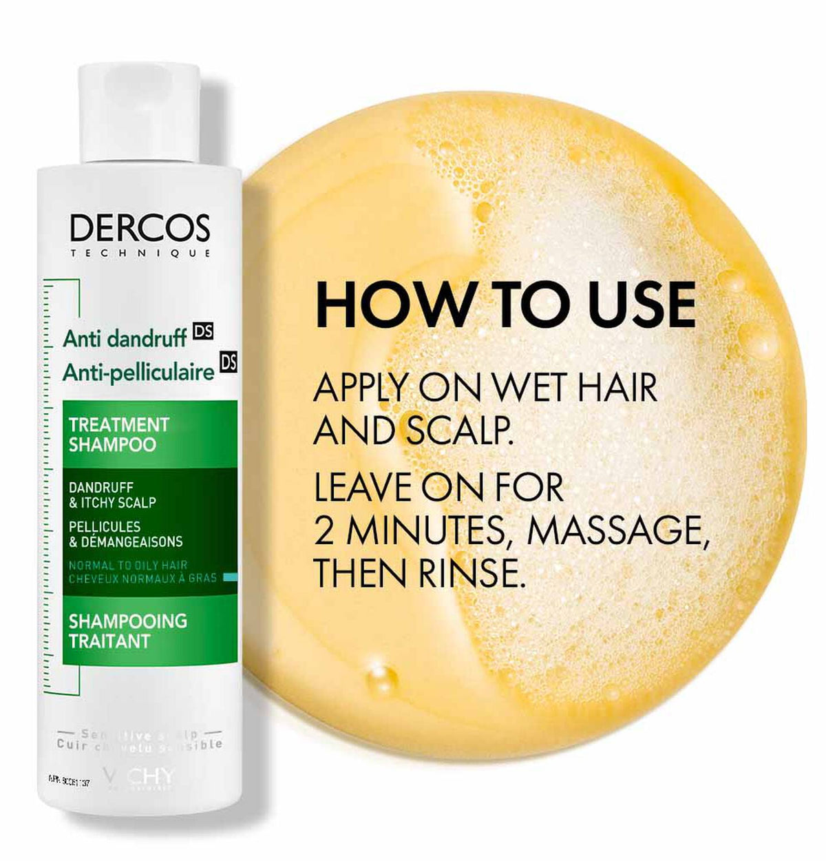 Refect Beauty Vichy Dercos anti-dandruff treatment shampoo bottle with usage instructions and shampoo texture