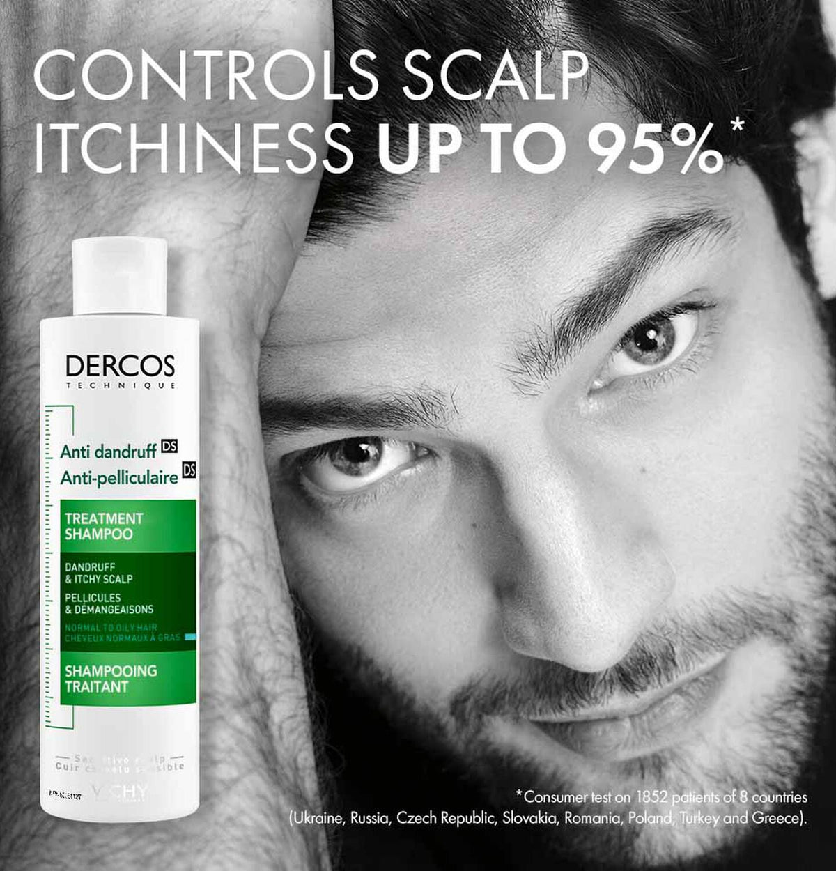 Refect Beauty Vichy Dercos anti-dandruff shampoo bottle next to a man with a healthy scalp, promoting itchiness relief.