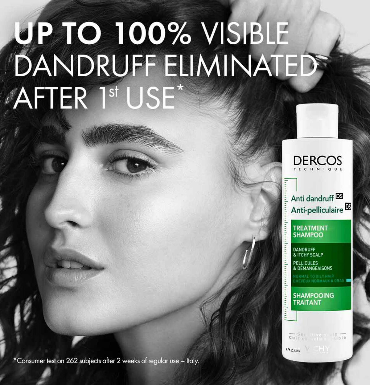 Refect Beauty Vichy Dercos anti-dandruff shampoo bottle next to a woman with healthy hair and scalp