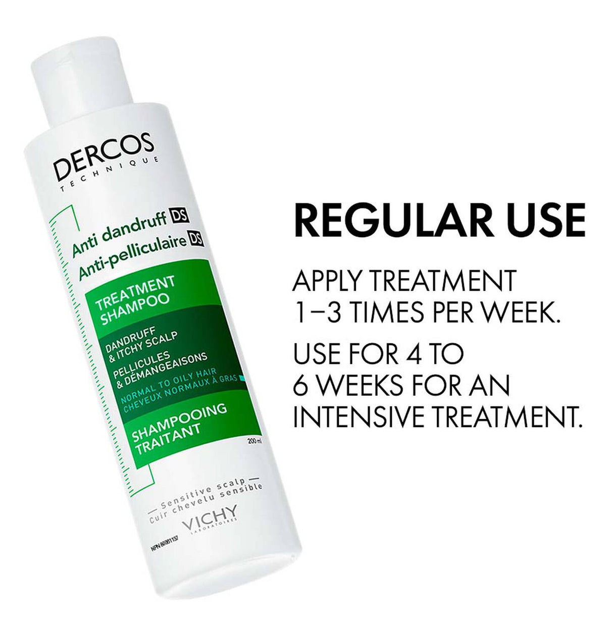 Refect Beauty Vichy Dercos anti-dandruff treatment shampoo bottle for normal to oily hair with 200ml capacity