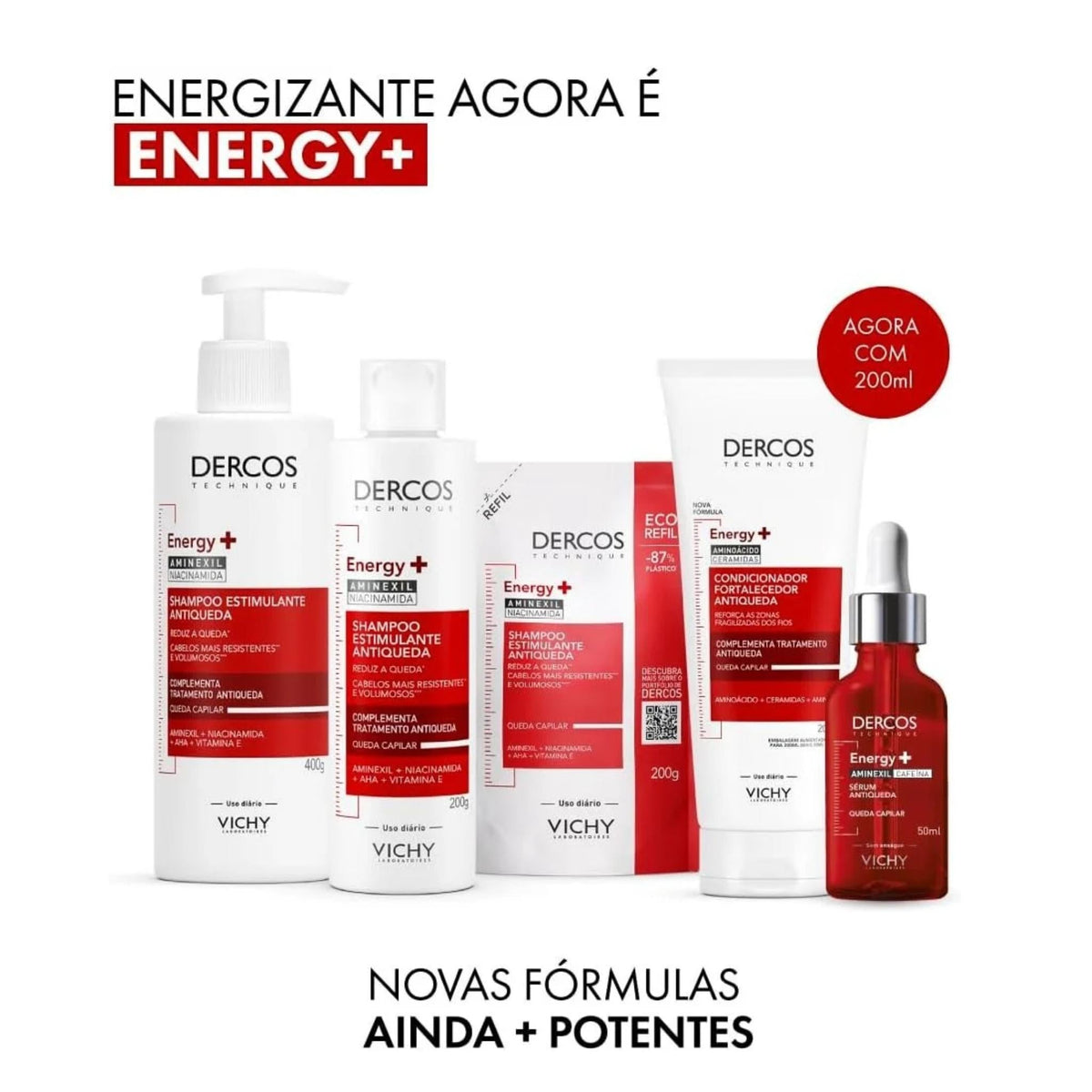 Refect Beauty Vichy Dercos Energy+ hair care collection including fortifying shampoos, conditioner, and serum bottles.