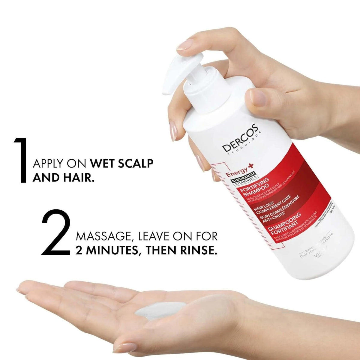 Refect Beauty Vichy Dercos Energy+ Fortifying Shampoo bottle being dispensed into a hand for anti-hair loss care.