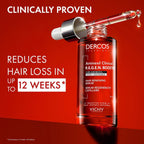 Refect Beauty Vichy Dercos Aminexil hair serum bottle with dropper against a bold red background.