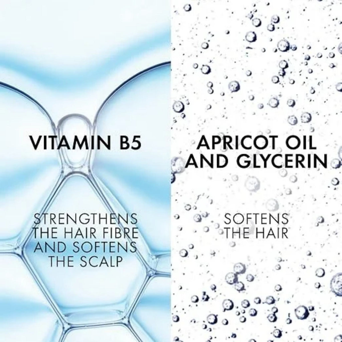 Refect Beauty Vichy Dercos shampoo ingredients infographic showing Vitamin B5, apricot oil, and glycerin benefits.
