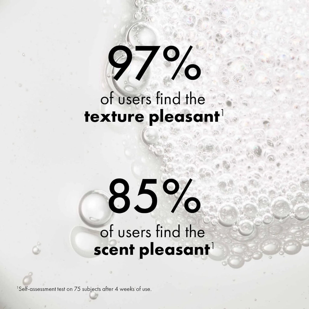 Refect Beauty Vichy Dercos shampoo lather showing consumer satisfaction statistics on texture and scent