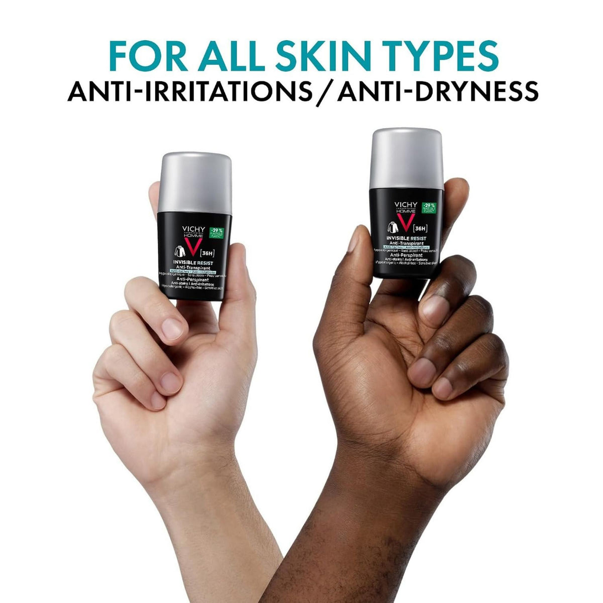 Refect Beauty Vichy Invisible Resist 36H Men antiperspirant deodorant roll-on held by two hands against white background