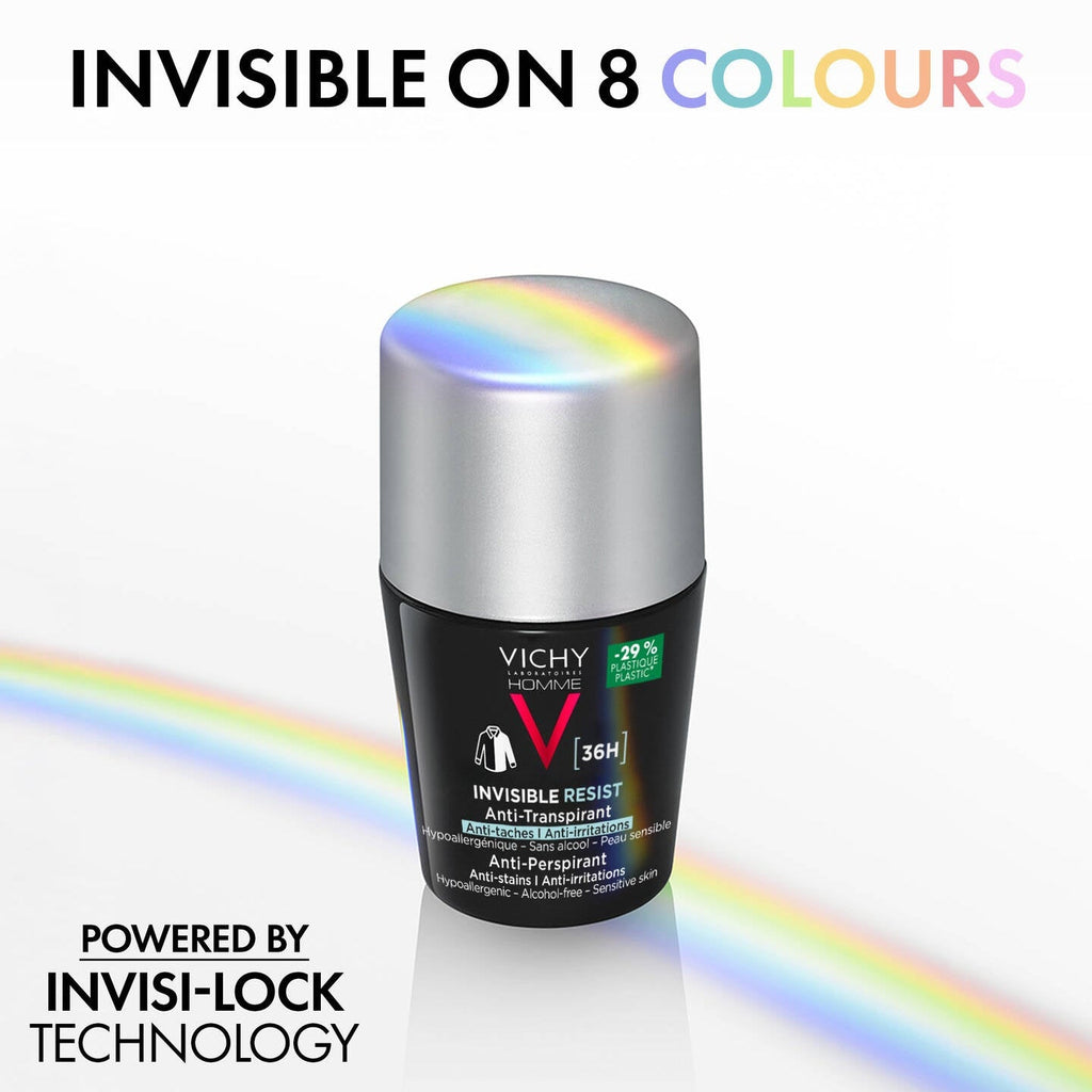 Refect Beauty Vichy Invisible Resist 36H Men antiperspirant deodorant with anti-stain technology and rainbow light.
