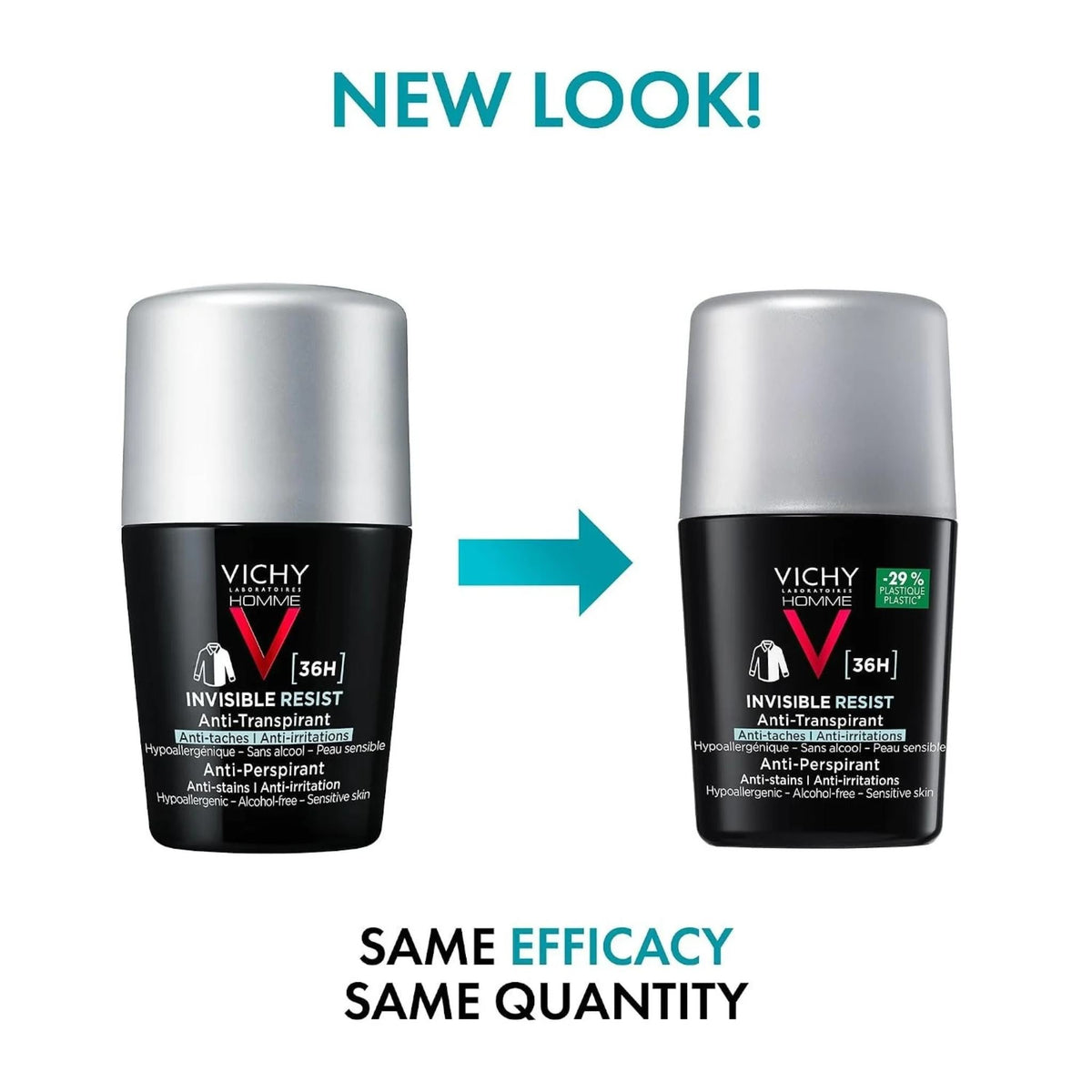 Refect Beauty Vichy Invisible Resist 36H Men antiperspirant roll-on deodorant showing new packaging design