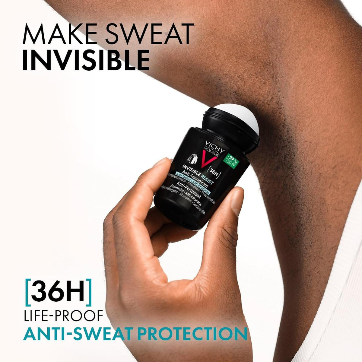 Refect Beauty Vichy Invisible Resist 36H roll-on deodorant being applied to underarm for anti-sweat protection
