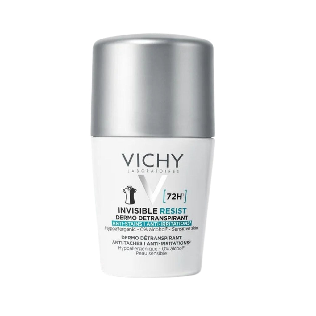 Refect Beauty Vichy Invisible Resist 72H roll-on deodorant for sensitive skin in a white bottle with silver cap.