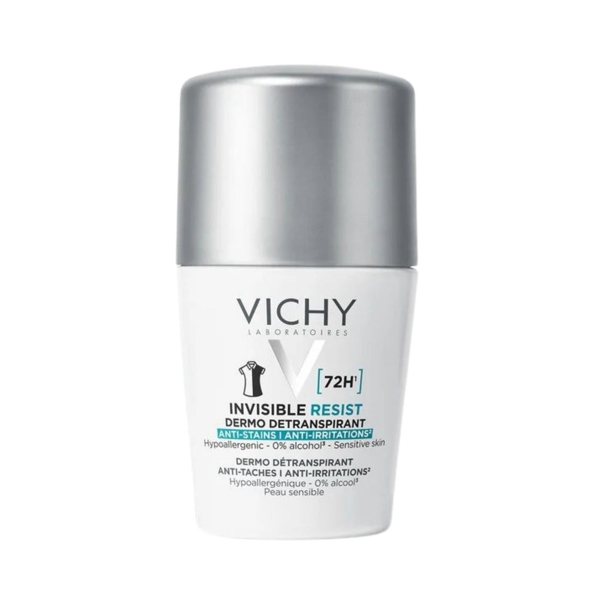 Refect Beauty Vichy Invisible Resist 72H roll-on deodorant for sensitive skin in a white bottle with silver cap.
