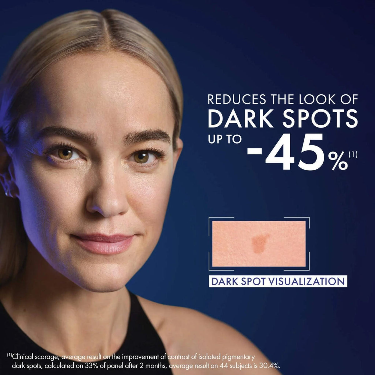 Refect Beauty Vichy Liftactiv B3 night cream ad showing a woman with radiant skin and dark spot reduction results.