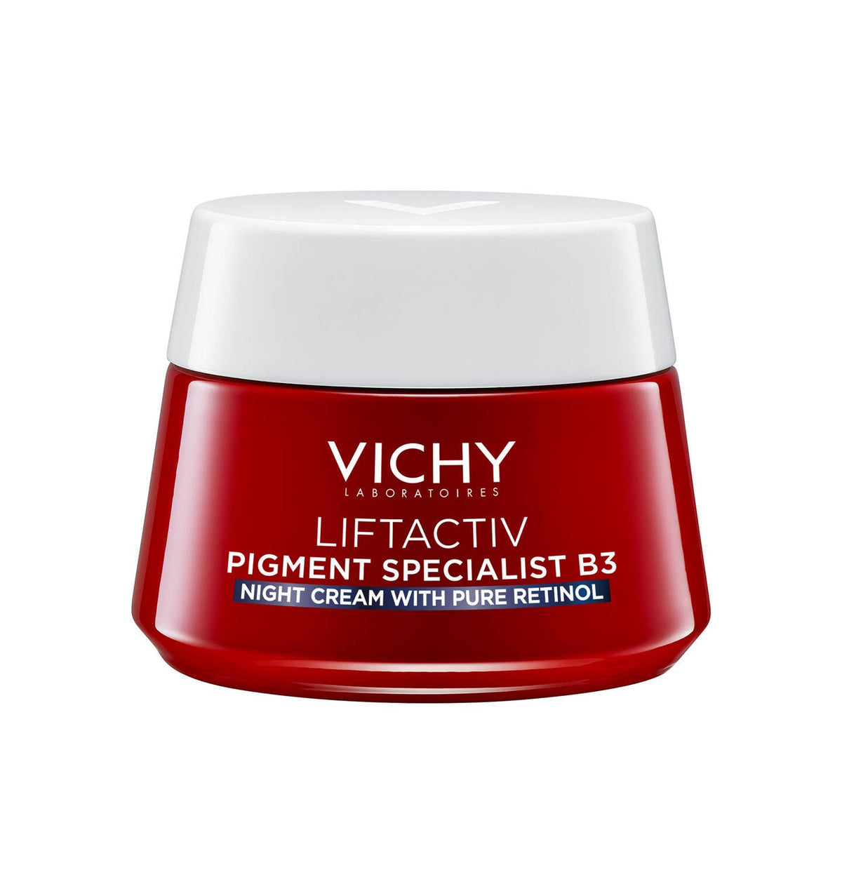 Refect Beauty Vichy Liftactiv B3 night cream jar with red base and white lid for tone correction and anti-aging.