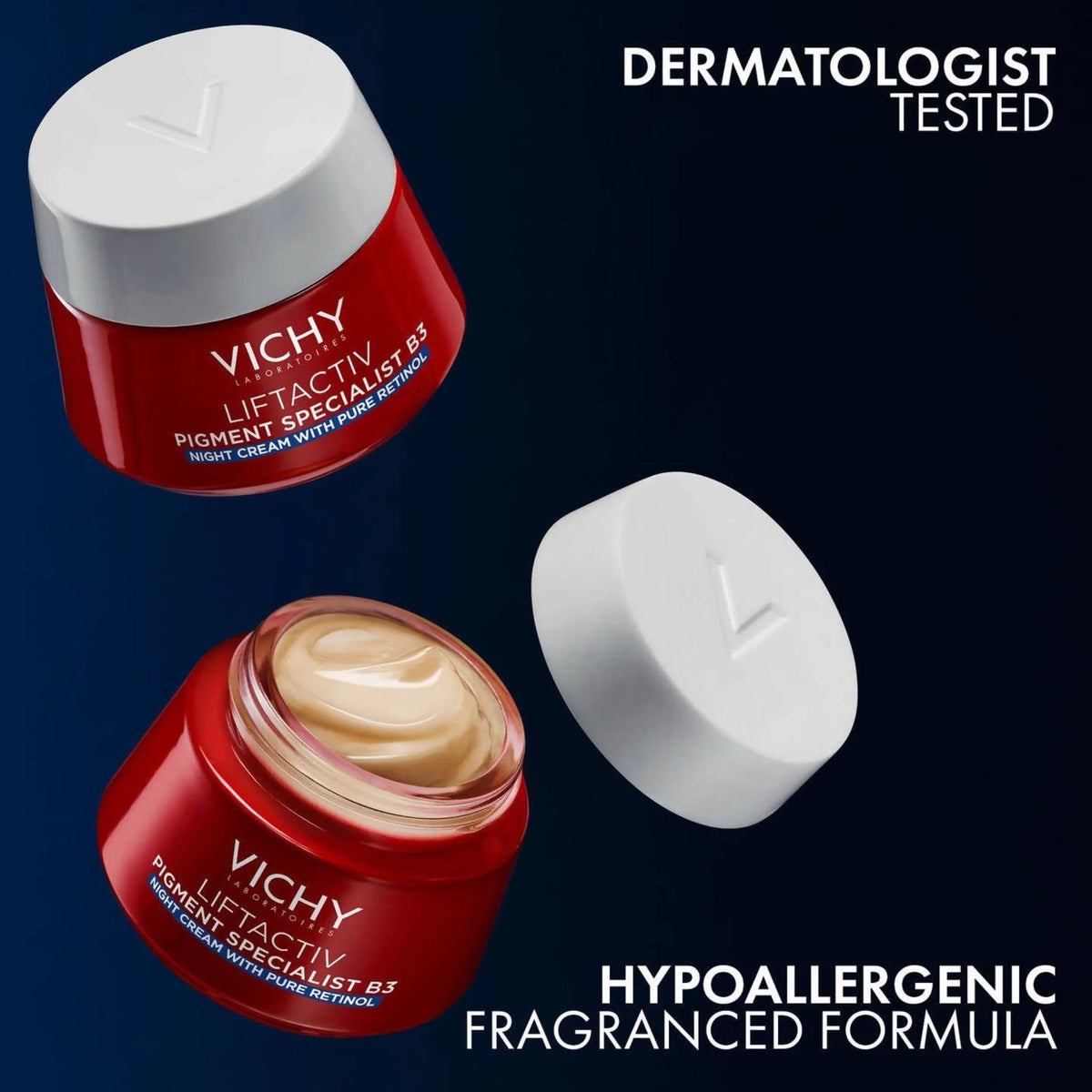 Refect Beauty Vichy Liftactiv B3 night cream jars with red packaging and white lids showing creamy texture inside