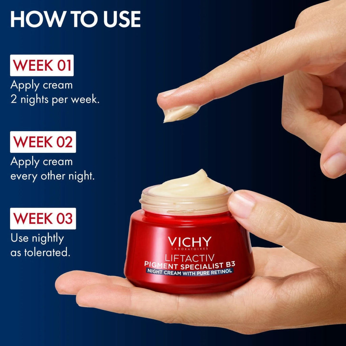 Refect Beauty Vichy Liftactiv B3 night cream jar held in hand with cream texture shown on finger against usage guide