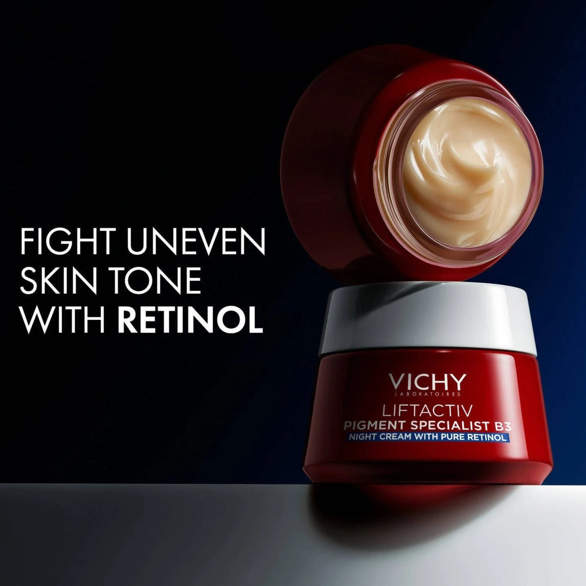 Refect Beauty Vichy Liftactiv B3 night cream jar with rich textured retinol cream against a dark blue background