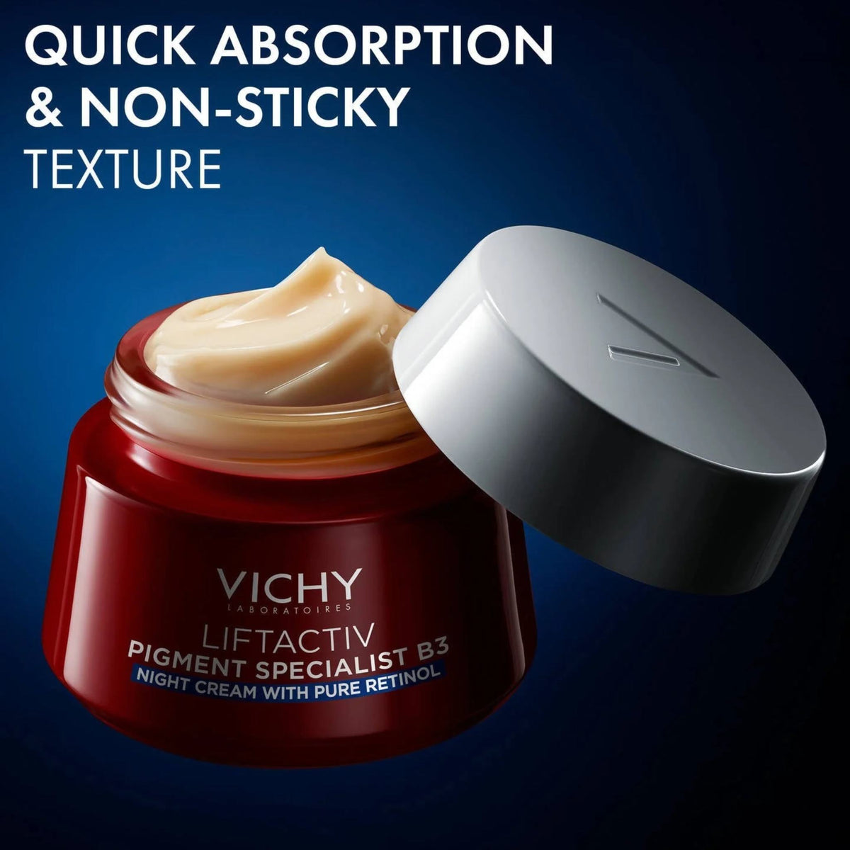 Refect Beauty Vichy Liftactiv B3 night cream in a red jar with a creamy texture for skin tone correction and aging.