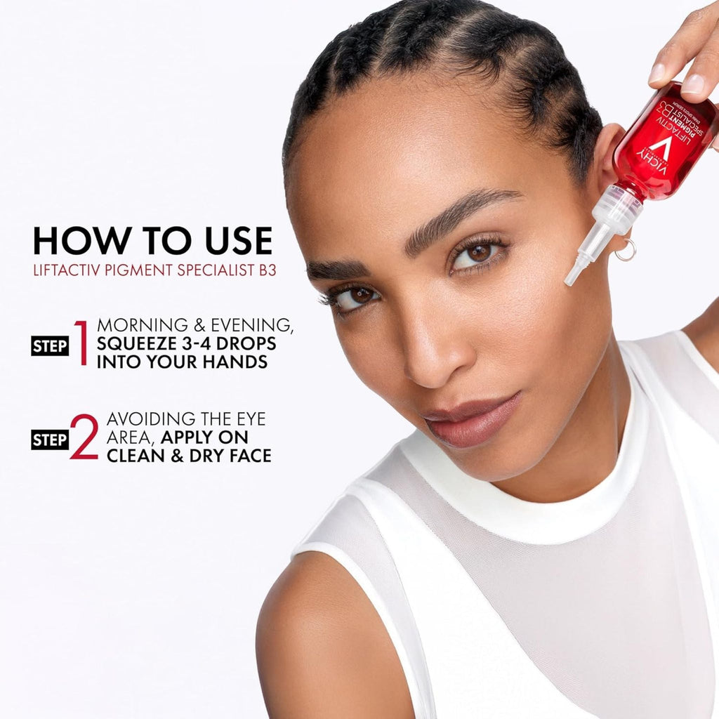 Refect Beauty model applying Vichy Liftactiv B3 dark spot serum to her face with instructions on how to use