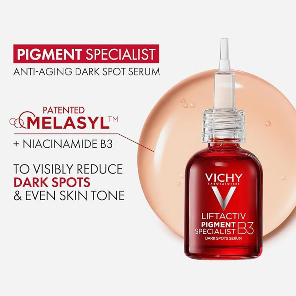 Refect Beauty Vichy Liftactiv B3 dark spot serum in a red glass dropper bottle against a peach-toned background.