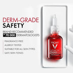 Refect Beauty Vichy Liftactiv B3 dark spot serum bottle on a white tray with dermatologist safety claims listed.