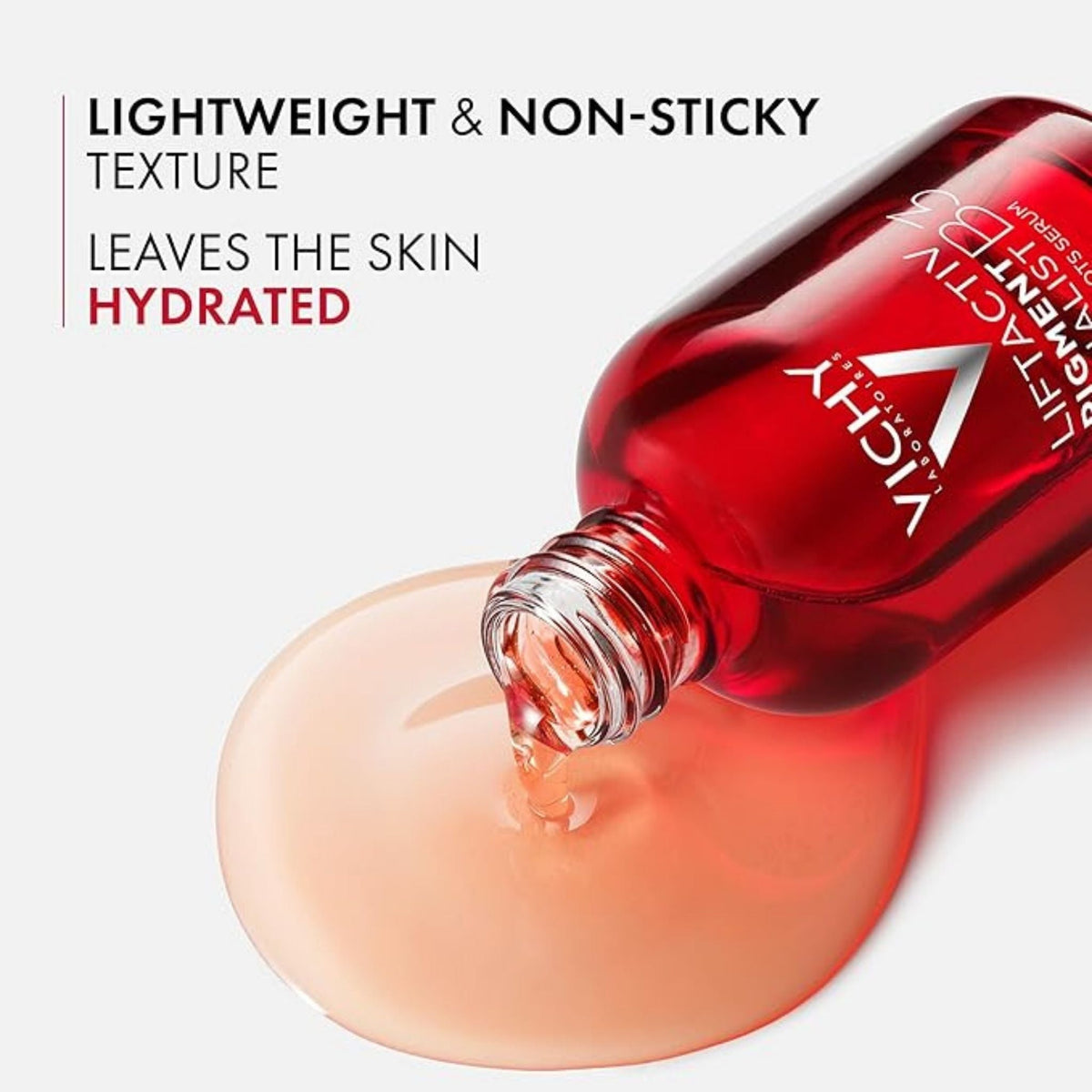 Refect Beauty Vichy Liftactiv B3 serum in a red glass bottle pouring a lightweight, hydrating formula onto skin.