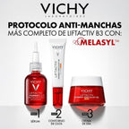 Refect Beauty Vichy Liftactiv B3 anti-dark spot serum, eye cream with SPF50, and day cream set for skincare routine.