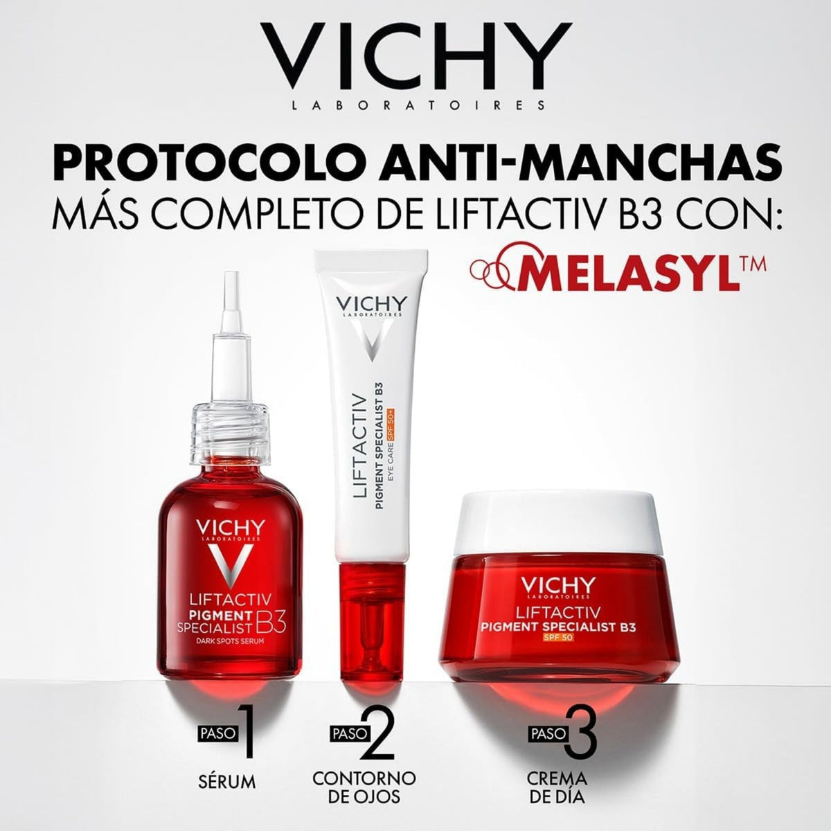 Refect Beauty Vichy Liftactiv B3 anti-dark spot serum, eye cream with SPF50, and day cream set for skincare routine.
