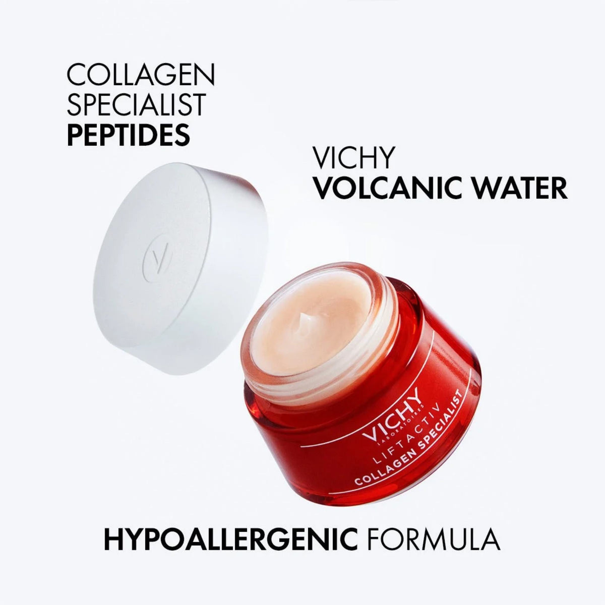 Refect Beauty Vichy Liftactiv Collagen Specialist anti-aging face cream in a red jar with an open lid.