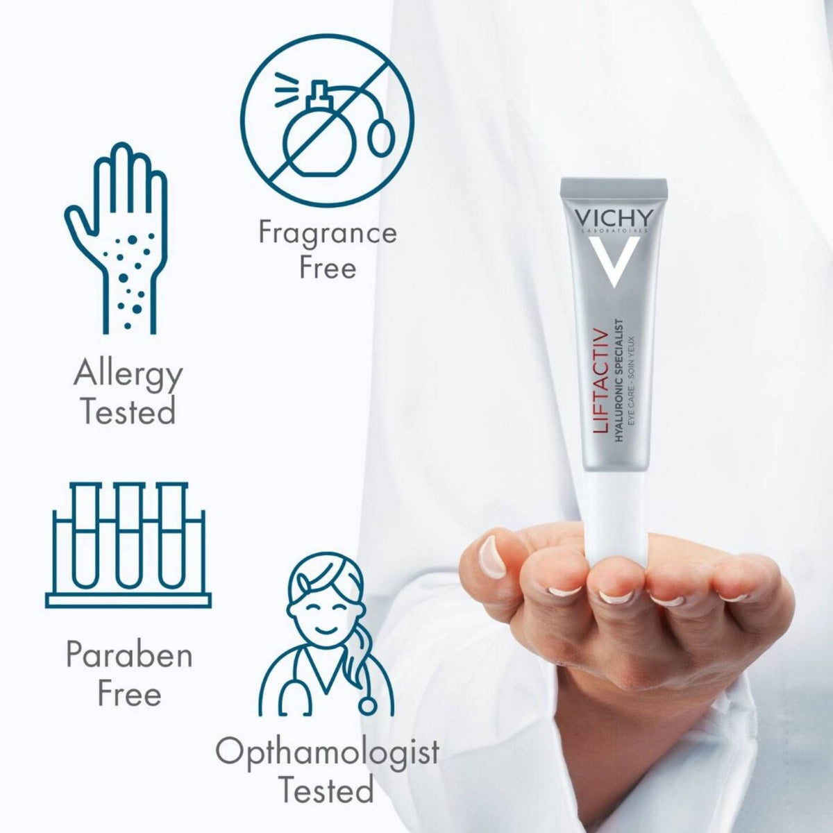 Refect Beauty Vichy Liftactiv Eyes Supreme anti-aging eye cream tube held in hand with skincare benefit icons