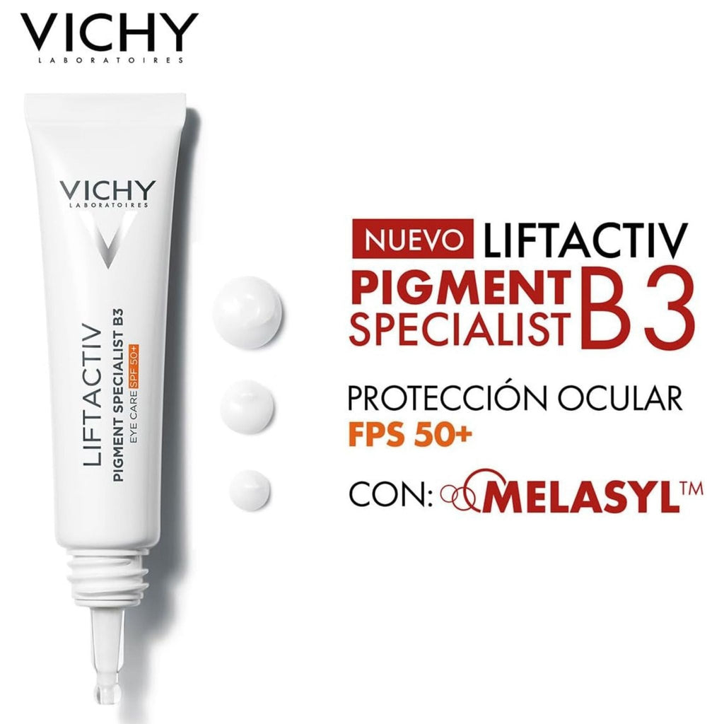 Refect Beauty Vichy Liftactiv Pigment Specialist B3 eye cream tube with SPF50+ and brightening formula.