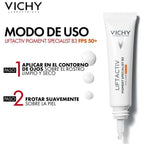 Refect Beauty Vichy Liftactiv Pigment Specialist B3 eye cream tube with SPF50+ and application instructions.