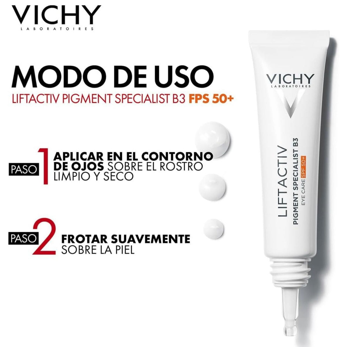 Refect Beauty Vichy Liftactiv Pigment Specialist B3 eye cream tube with SPF50+ and application instructions.
