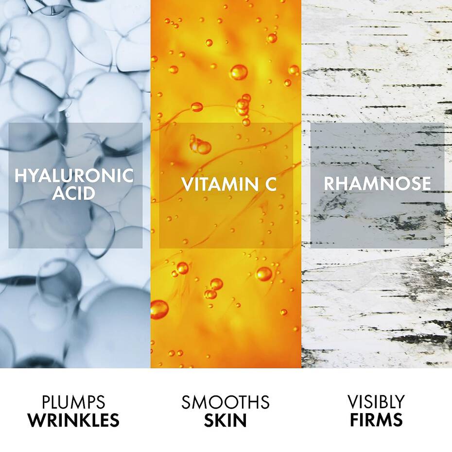 Refect Beauty Vichy Liftactiv Night Supreme ingredients infographic showing Hyaluronic Acid, Vitamin C, and Rhamnose.