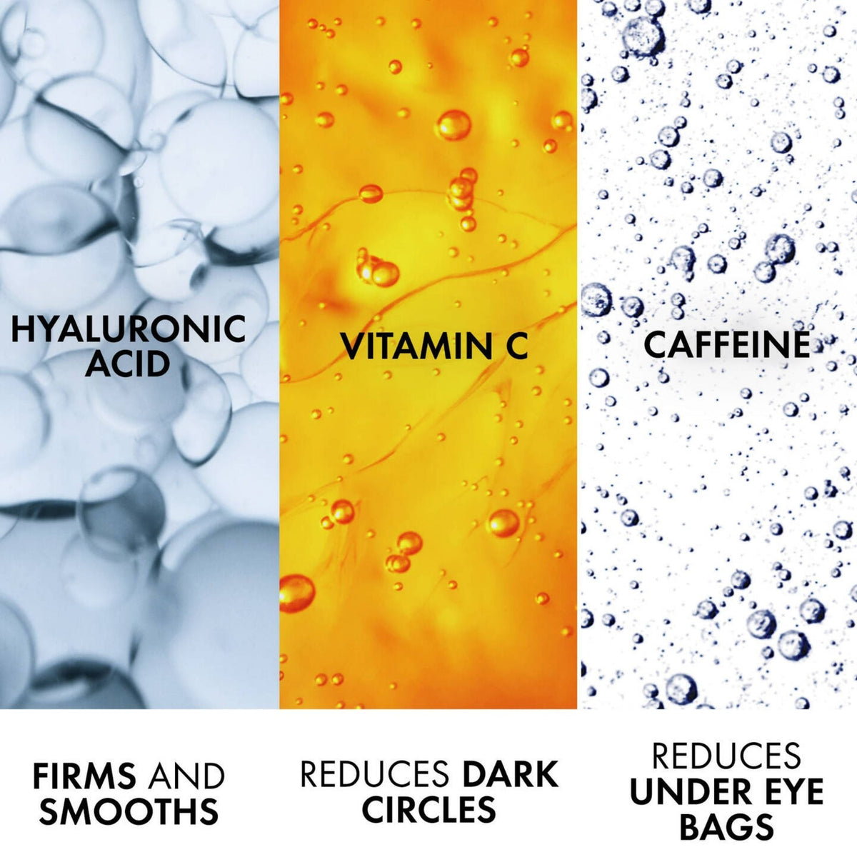Refect Beauty Vichy Liftactiv Eyes Supreme ingredients showing hyaluronic acid, vitamin C, and caffeine textures